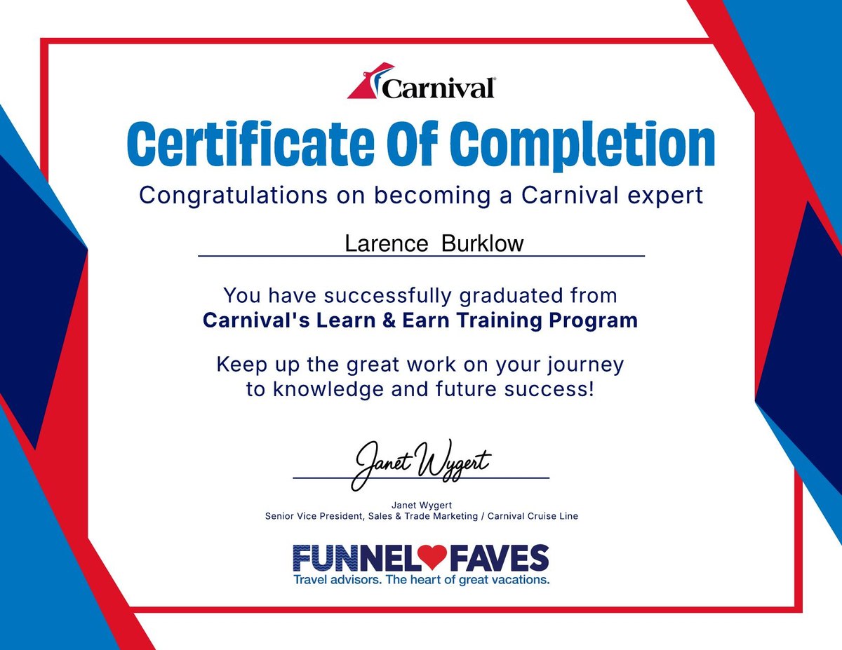Carnival Learn and Earn Training Program certificate for Larence Burklow