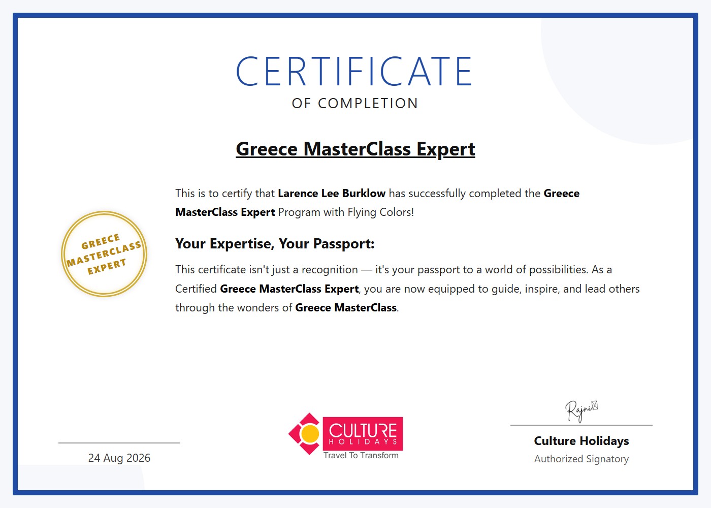 Culture Holidays Greece MasterClass Expert certificate for Larence Burklow