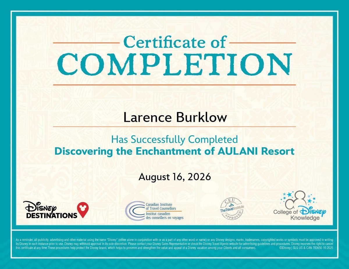 Discovering the Enchantment of Aulani Resort certificate for Larence Burklow