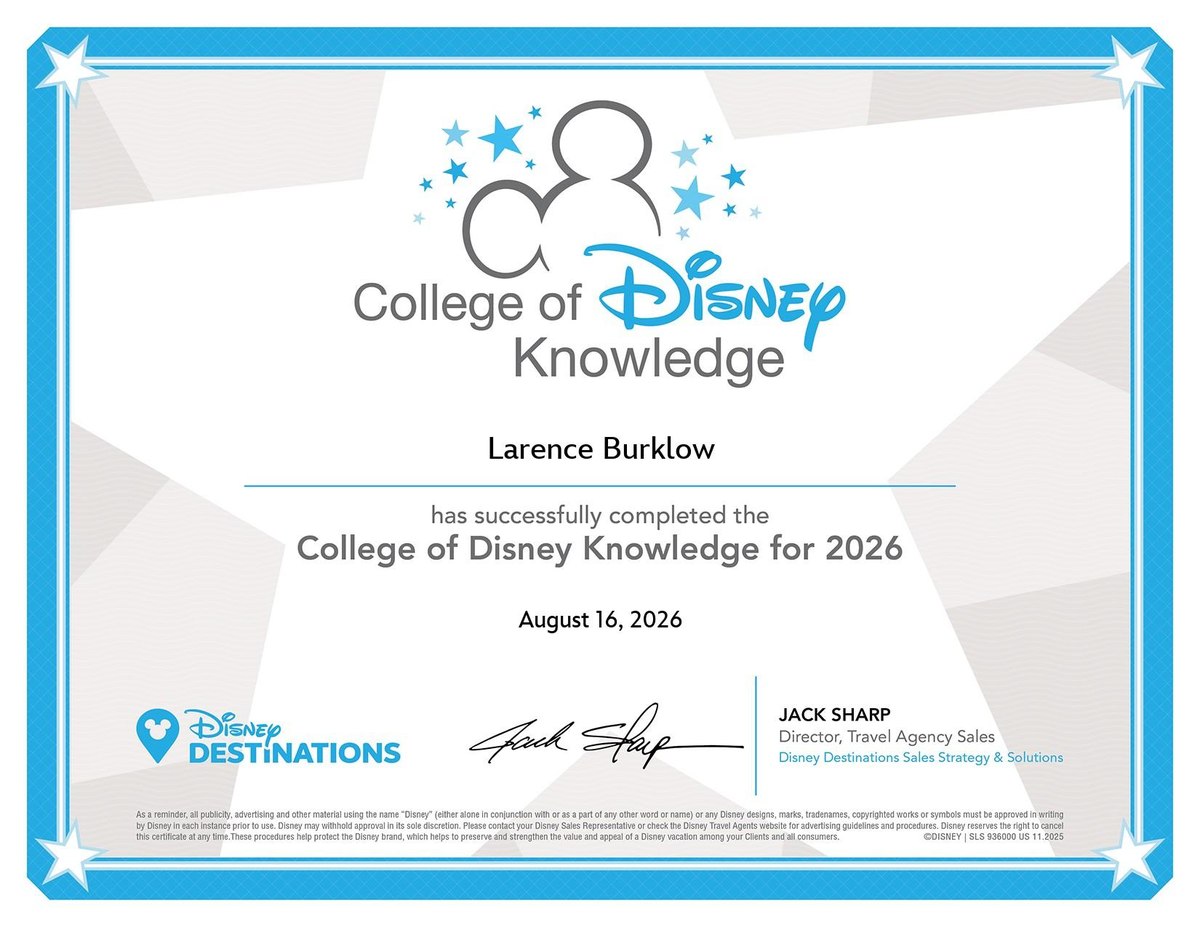 College of Disney Knowledge 2026 certificate for Larence Burklow