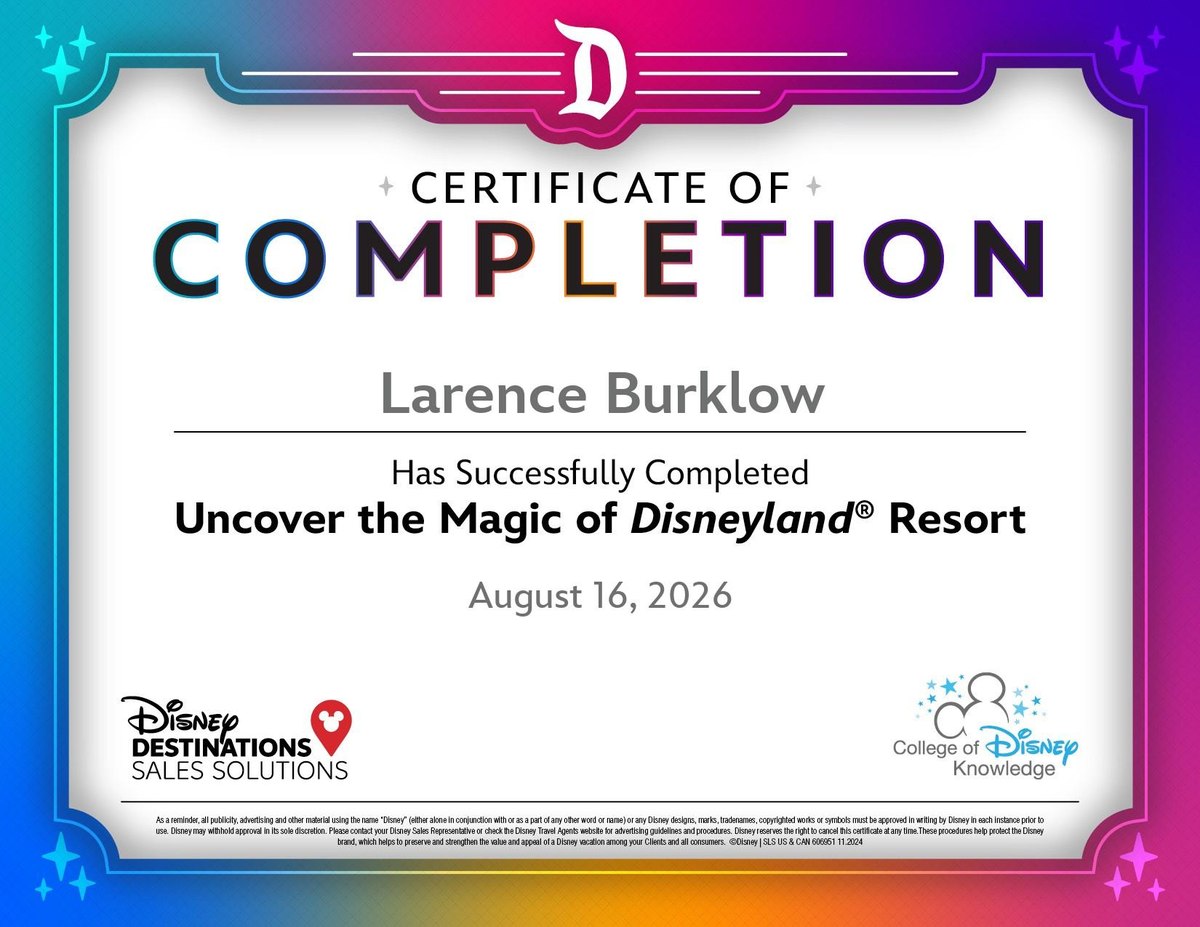 Uncover the Magic of Disneyland Resort certificate for Larence Burklow