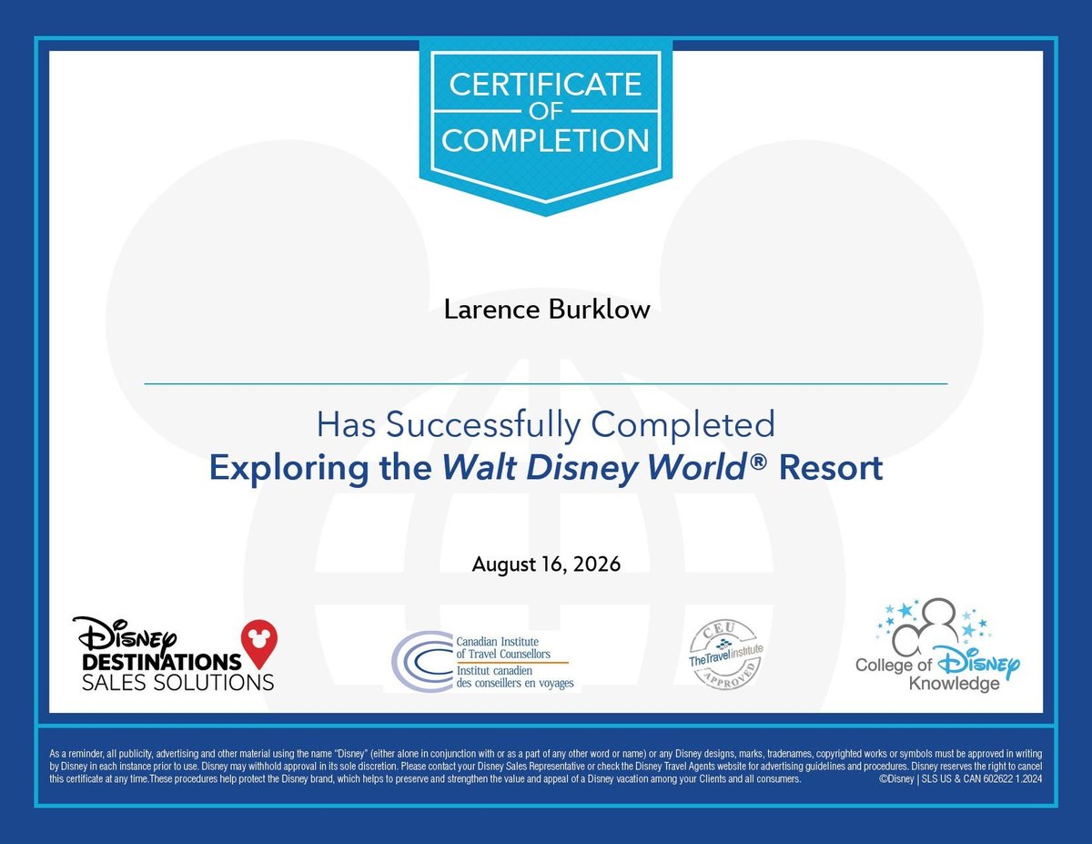 Exploring the Walt Disney World Resort certificate for Larence Burklow