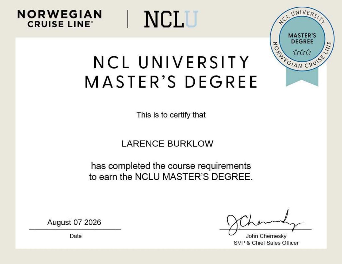 Norwegian Cruise Line University Master's Degree certificate for Larence Burklow