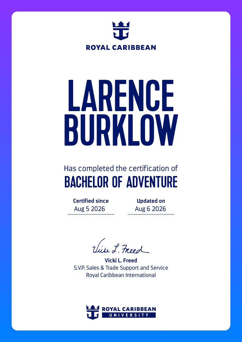 Royal Caribbean Bachelor of Adventure certificate for Larence Burklow