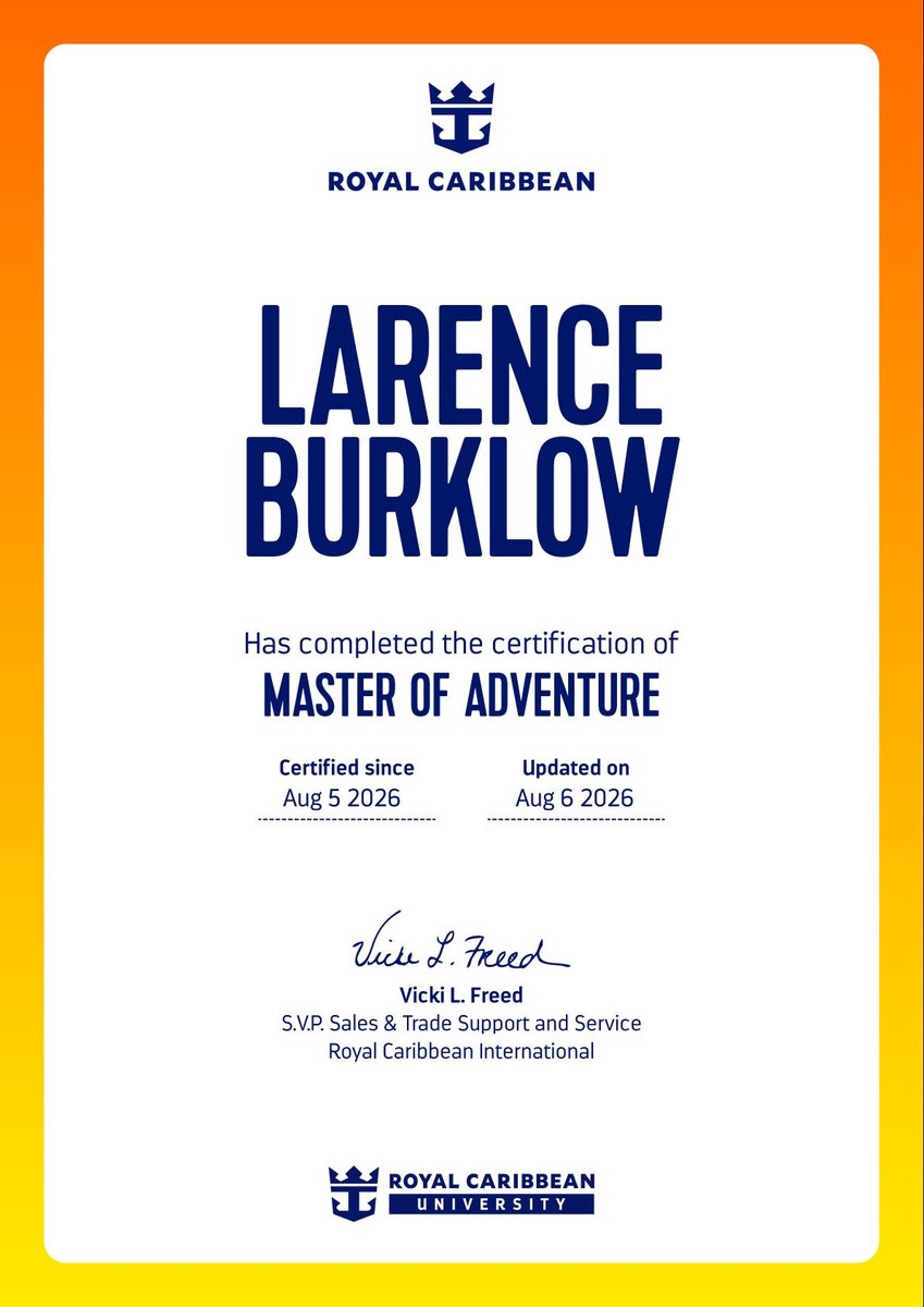 Royal Caribbean Master of Adventure certificate for Larence Burklow