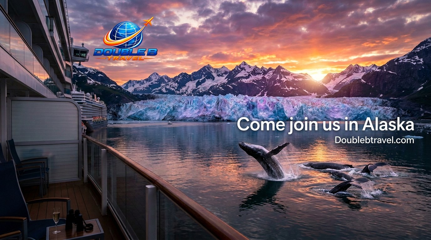 Cruise ship balcony overlooking an Alaskan glacier at sunset with breaching whales — Double B Travel Alaska Cruise Group, sailing June 11, 2026, from $780 per person
