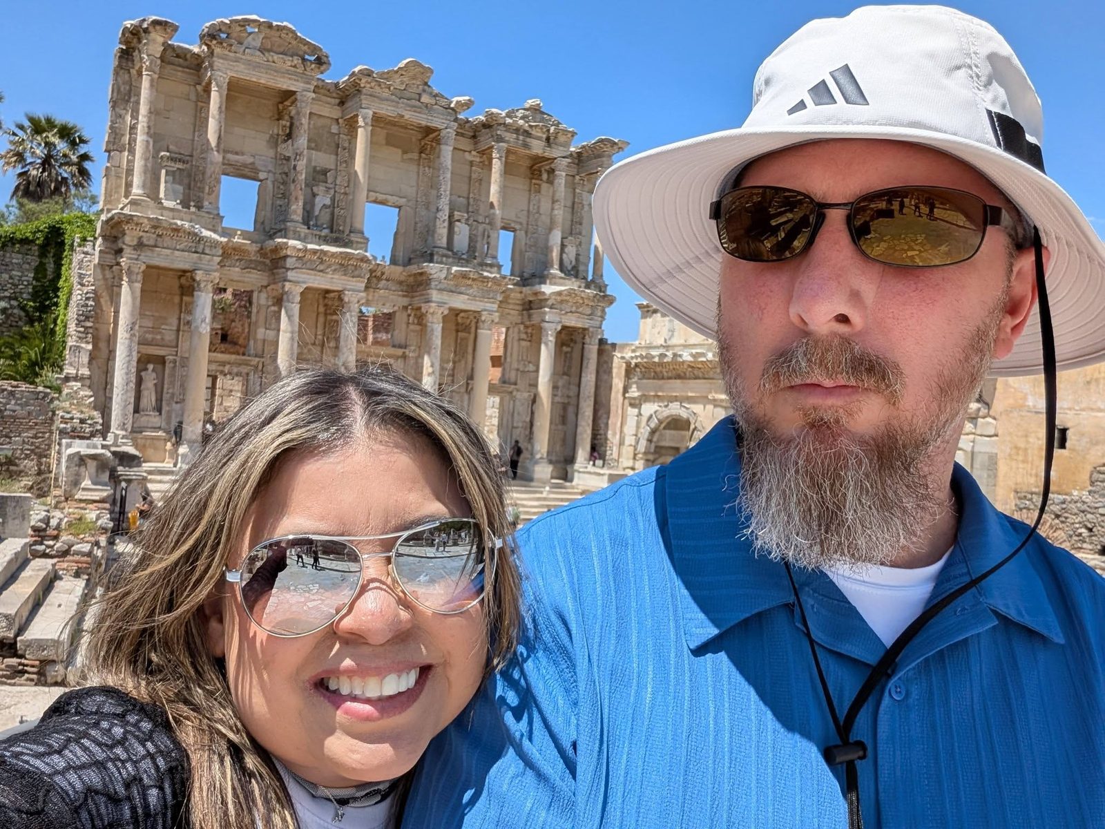 Larence and Ruthy in front of the Library of Celsus in Ephesus, Turkey