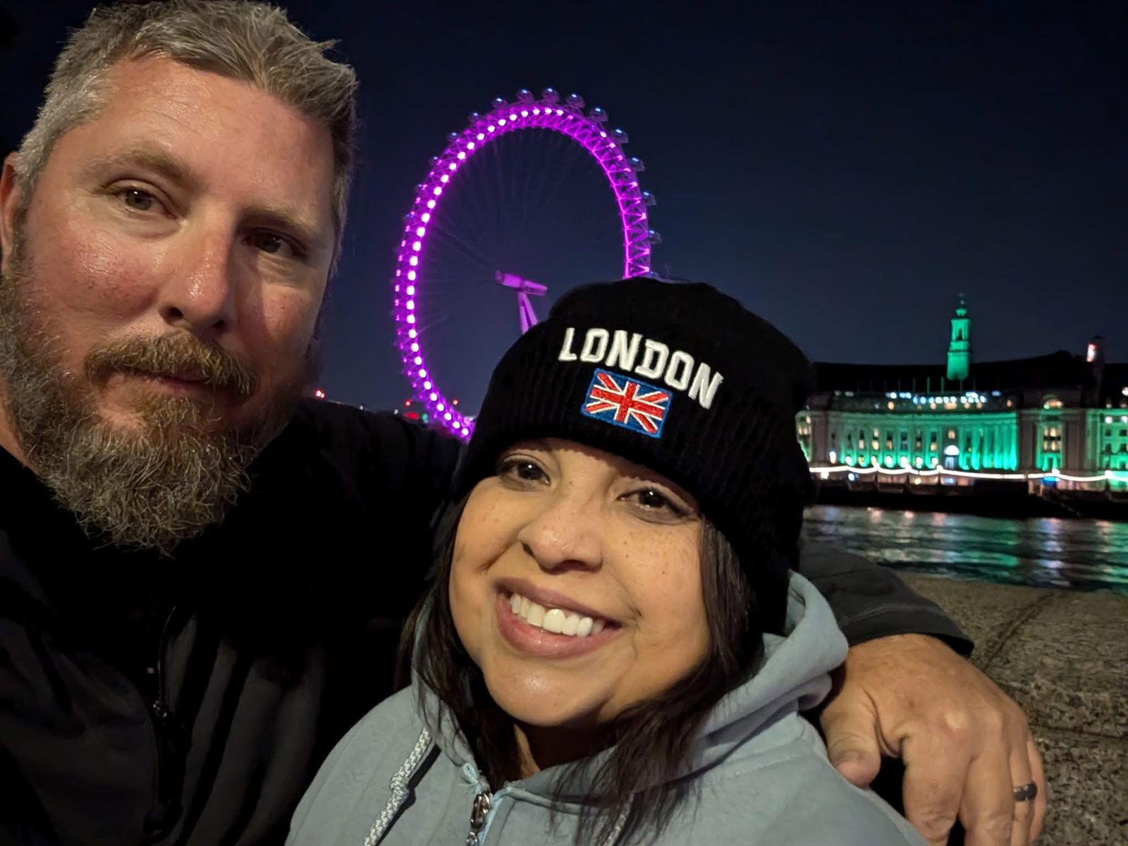Larence and Ruthy in front of the London Eye at night